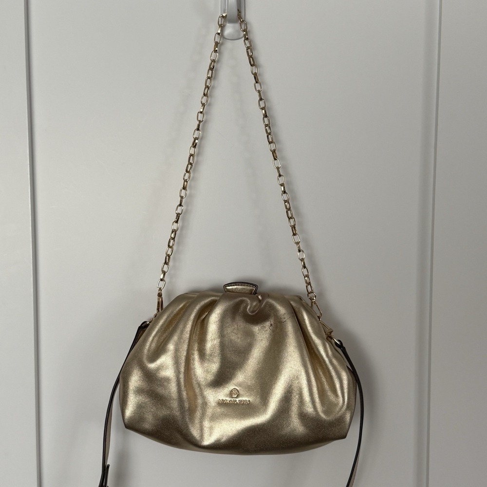 Michael Kors Nola Metallic Gold Leather Gathered Crossbody Clutch Bag SM READ**